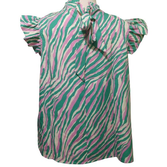 NWT Voy Green/Pink Zebra-Stripe Flutter Sleeve Blouse~Tie Back~SMALL - Picture 4 of 9